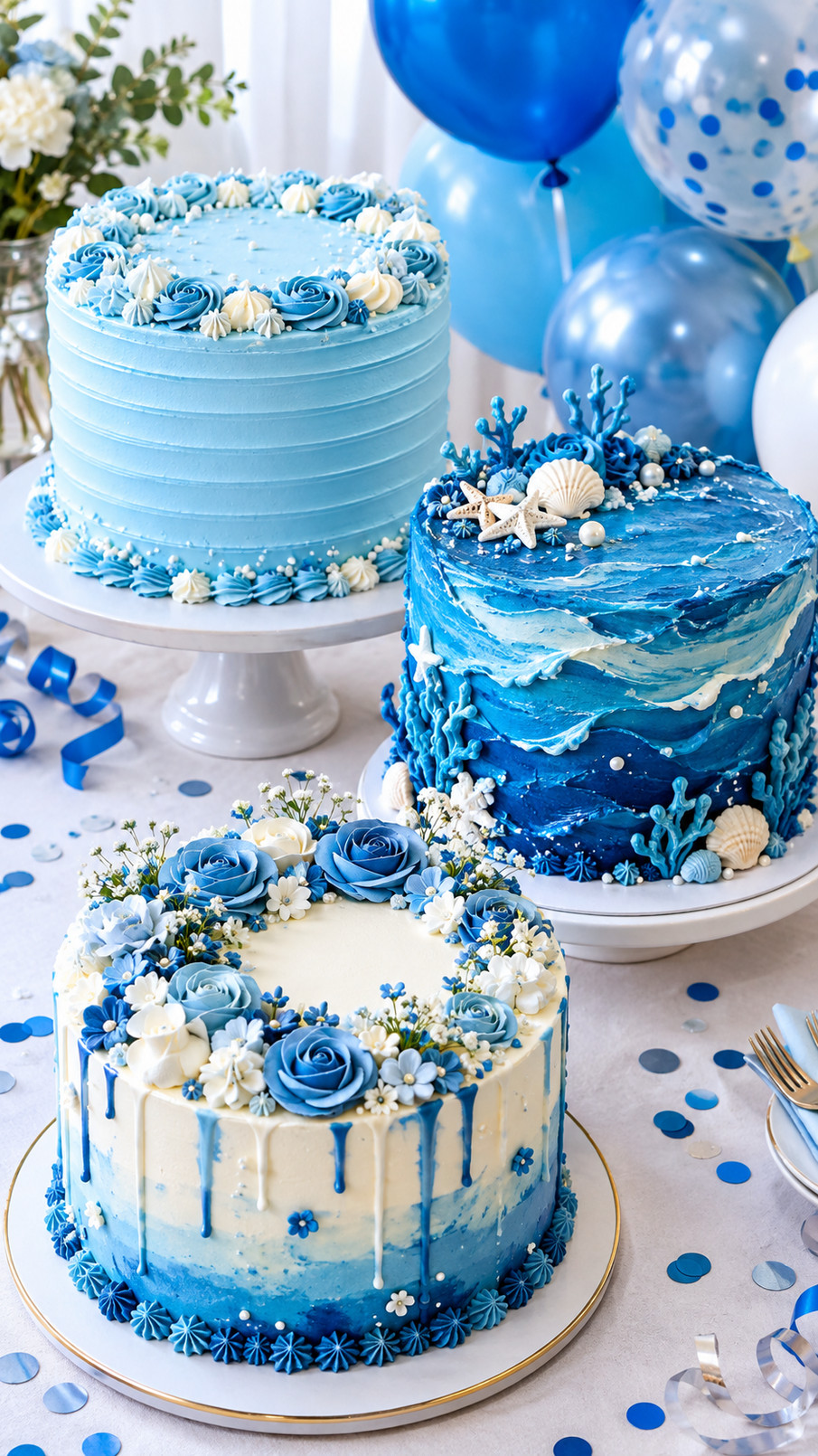 Blue ice castle cake with shimmering blue buttercream, snowy white peaks, and sparkling sugar decorations.