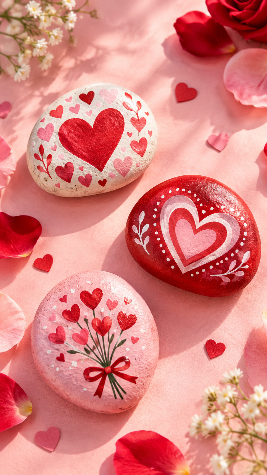 Blush ombre painted rocks in peach, pink, and rosy shades arranged with Valentine flowers and a gift basket.