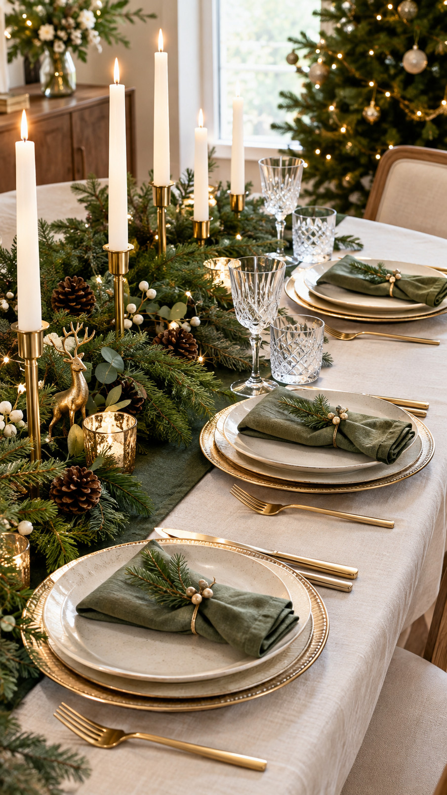 Elegant Christmas tablescape with fir branches, cream linens, brass accents, and glowing candles arranged for a festive holiday dinner.