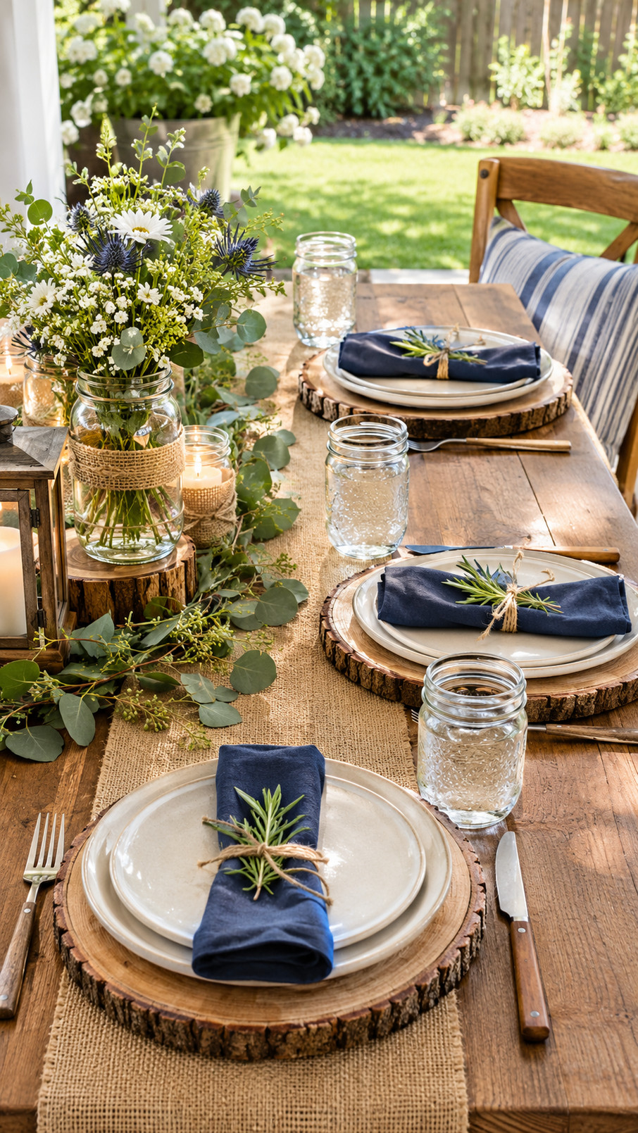 Rustic Father’s Day table featuring a cedar serving board, linen napkins, small bowls, and fresh greenery.