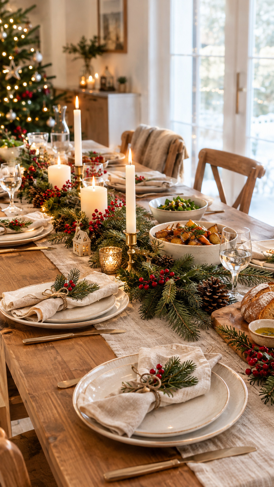 A cozy Christmas tablescape with dried orange slices, cinnamon sticks, glowing candles, creamy linens, and evergreen sprigs.