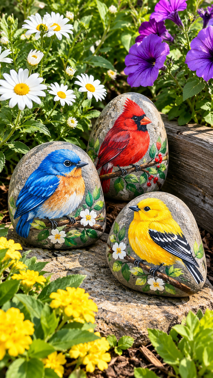 A copper finch painted rock featuring russet feathers, a golden breast, and black accents in a garden setting.