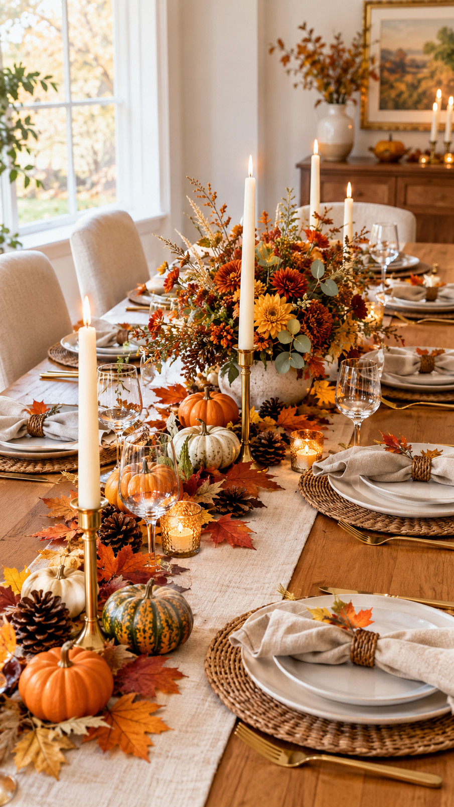 A dried wheat bouquet in a simple vase decorates an elegant Thanksgiving table with soft golden tones and natural harvest texture.