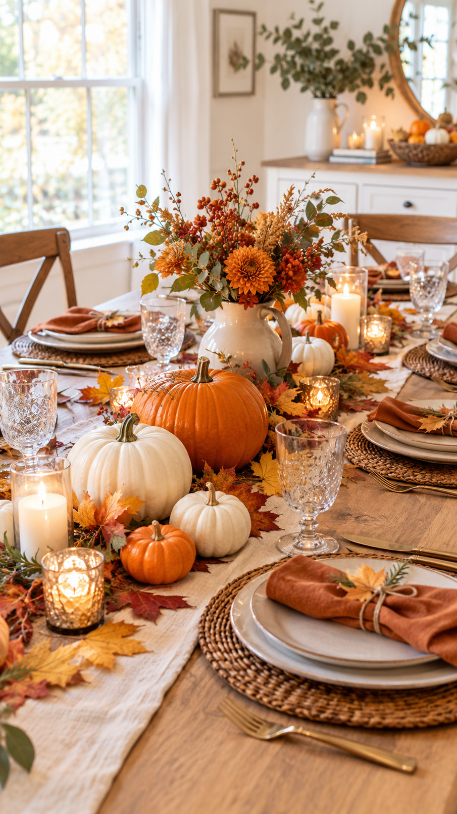 A felt pumpkin garland in orange, cream, and rust tones draped across a Thanksgiving table centerpiece.