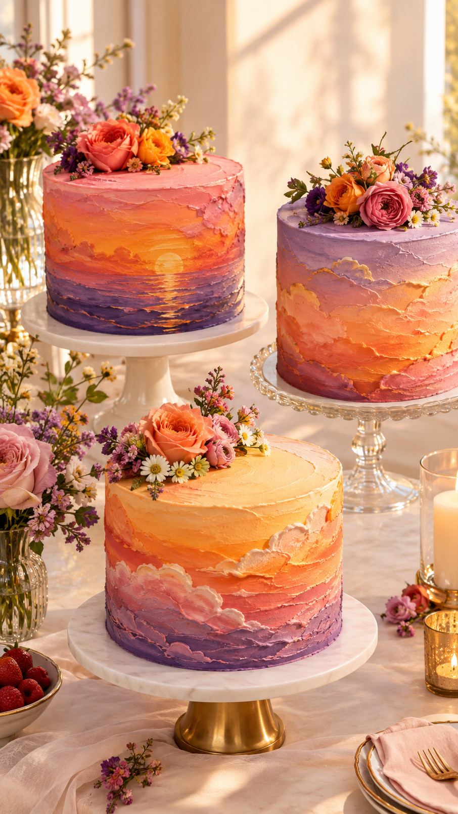 A fiery sunset macaron cake with coral, tangerine, and raspberry layers, colorful macarons, and buttercream cloud decorations.
