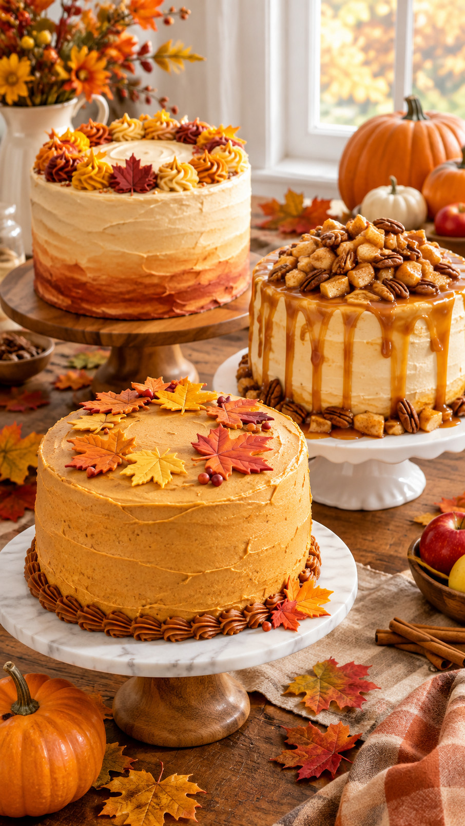 A rustic fig and walnut harvest cake with soft cream frosting and autumn decorations displayed on a Thanksgiving dessert table.