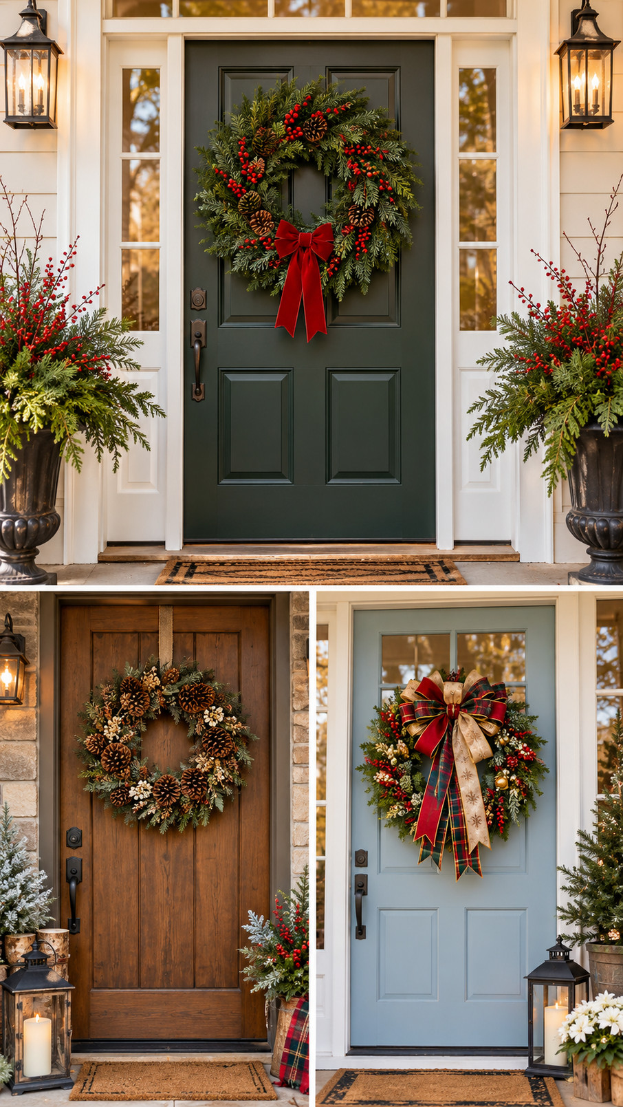 A Christmas front door wreath featuring golden leaves, star accents, and green foliage in a bright festive arrangement.