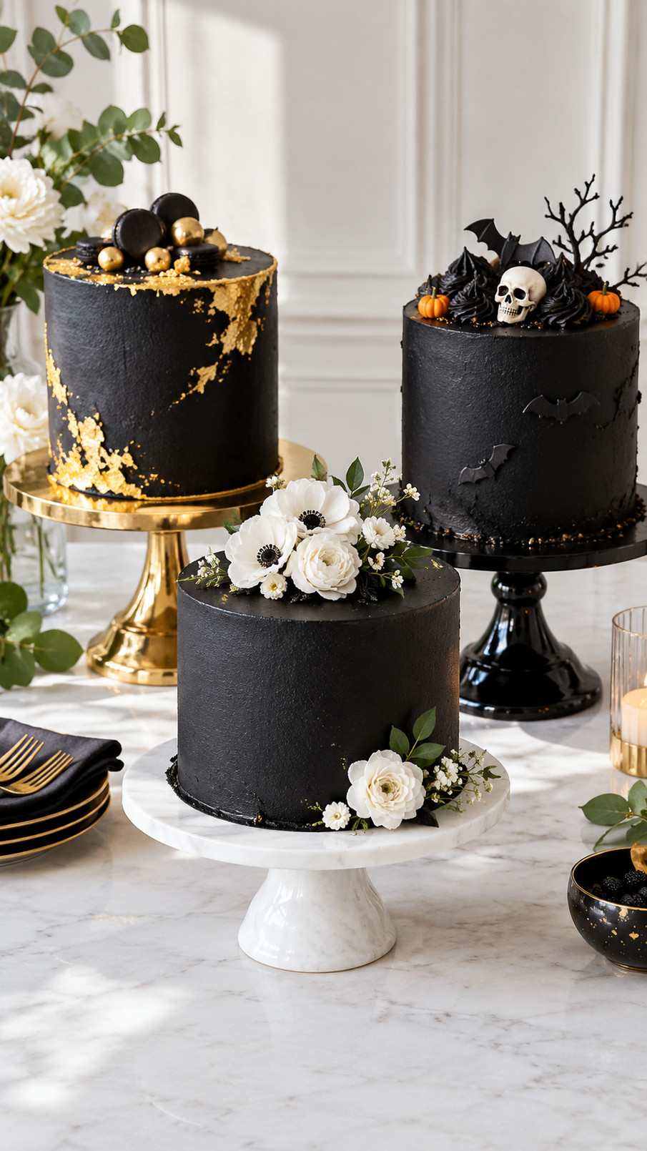 Photo of a gothic black cake decorated with tall black candles, warm ivory flames, and rich velvety frosting on a celebration table.