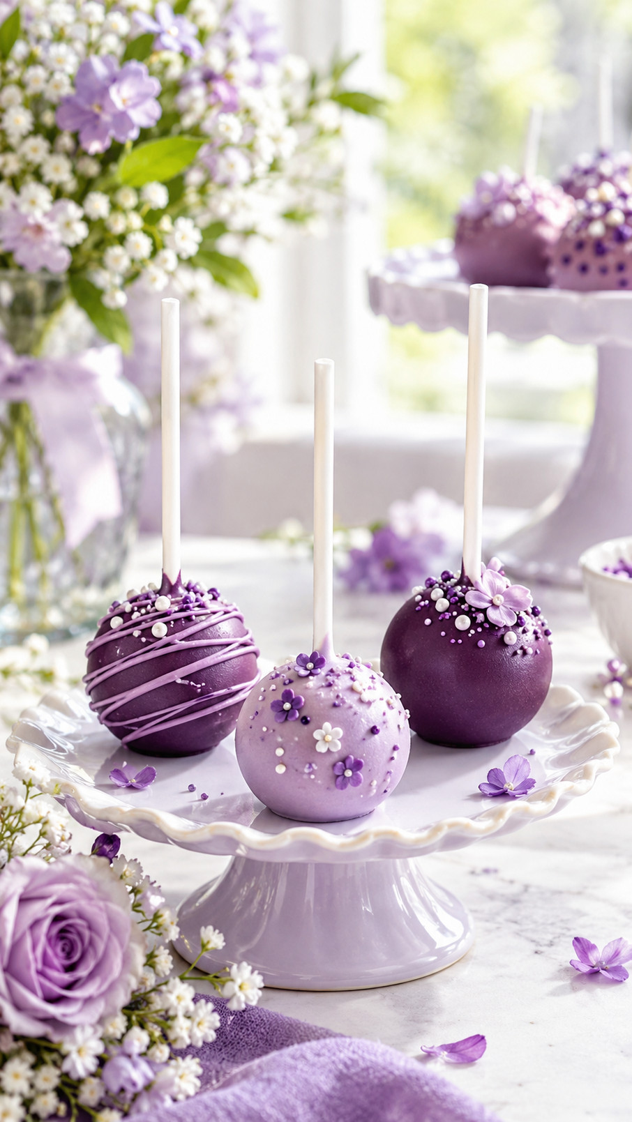 Lavender purple cake pops with white drizzle and sugar pearls arranged on a dessert table.