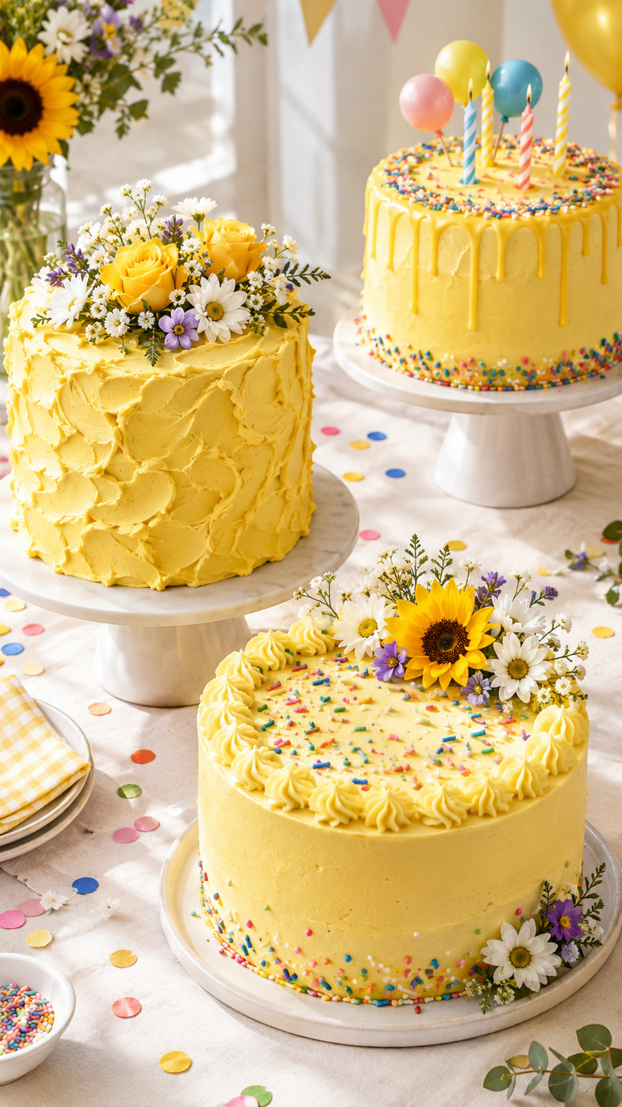 A bright yellow lemon drop cake with sunny frosting and playful candy-like decorations displayed as a cheerful celebration dessert.
