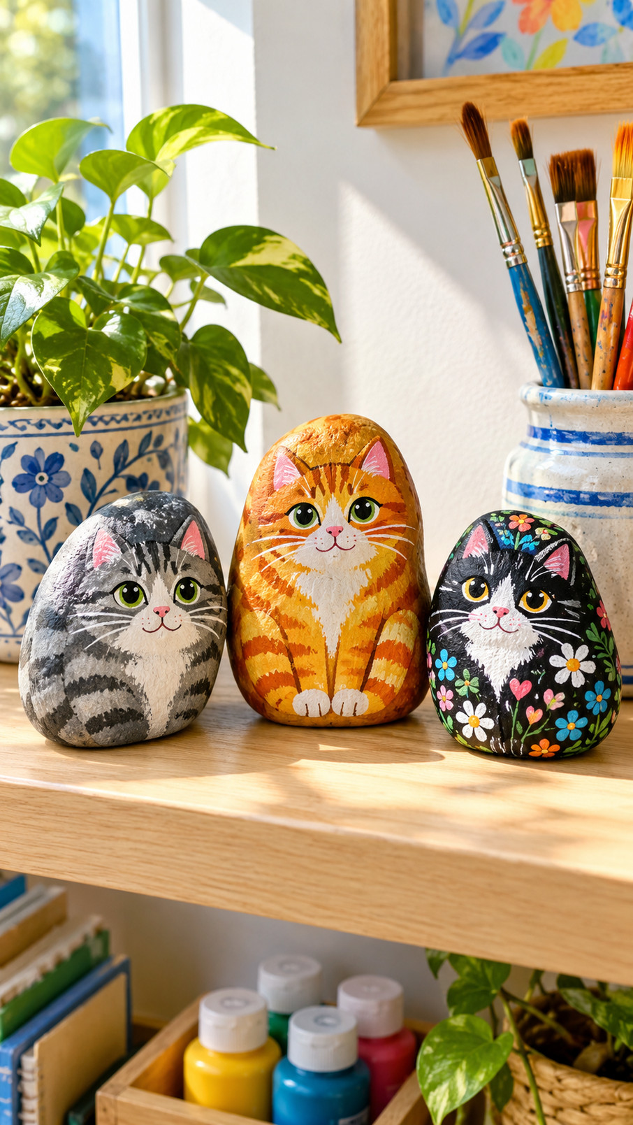 Painted Maine Coon cat on a smooth river rock with brown stripes, tufted ears, green eyes, and a fluffy tail.