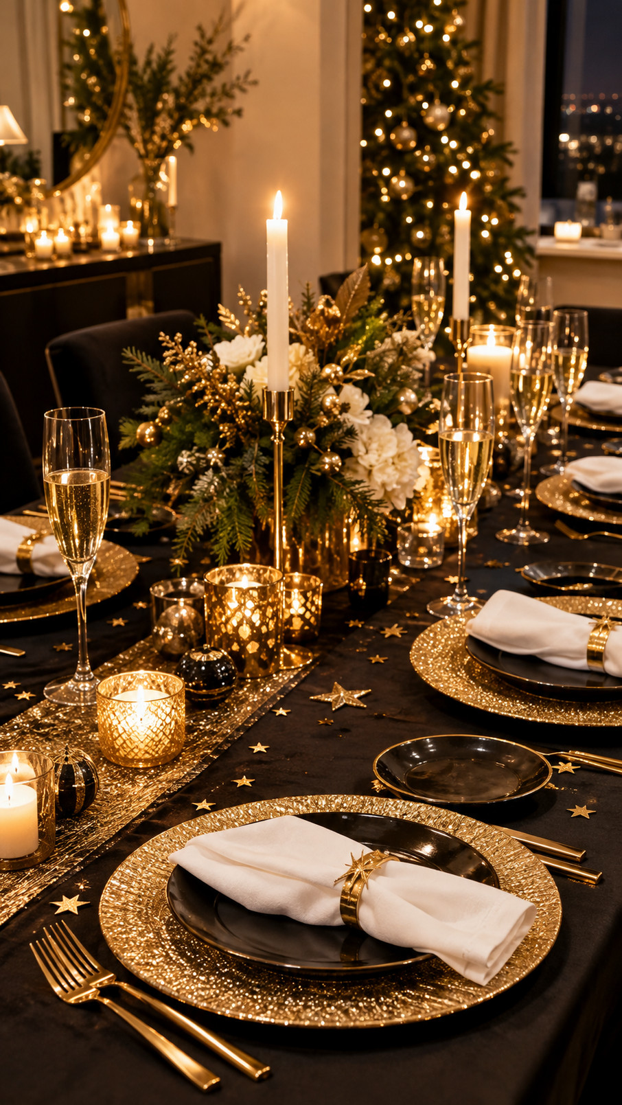 A New Year's Eve tablescape with mercury glass votives, silver accents, black napkins, polished flatware, and white table details.