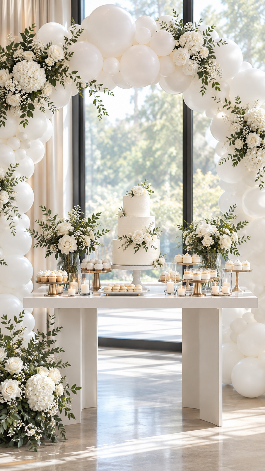 Photo of a white balloon arch featuring modern geometric balloons at an elegant contemporary wedding reception.
