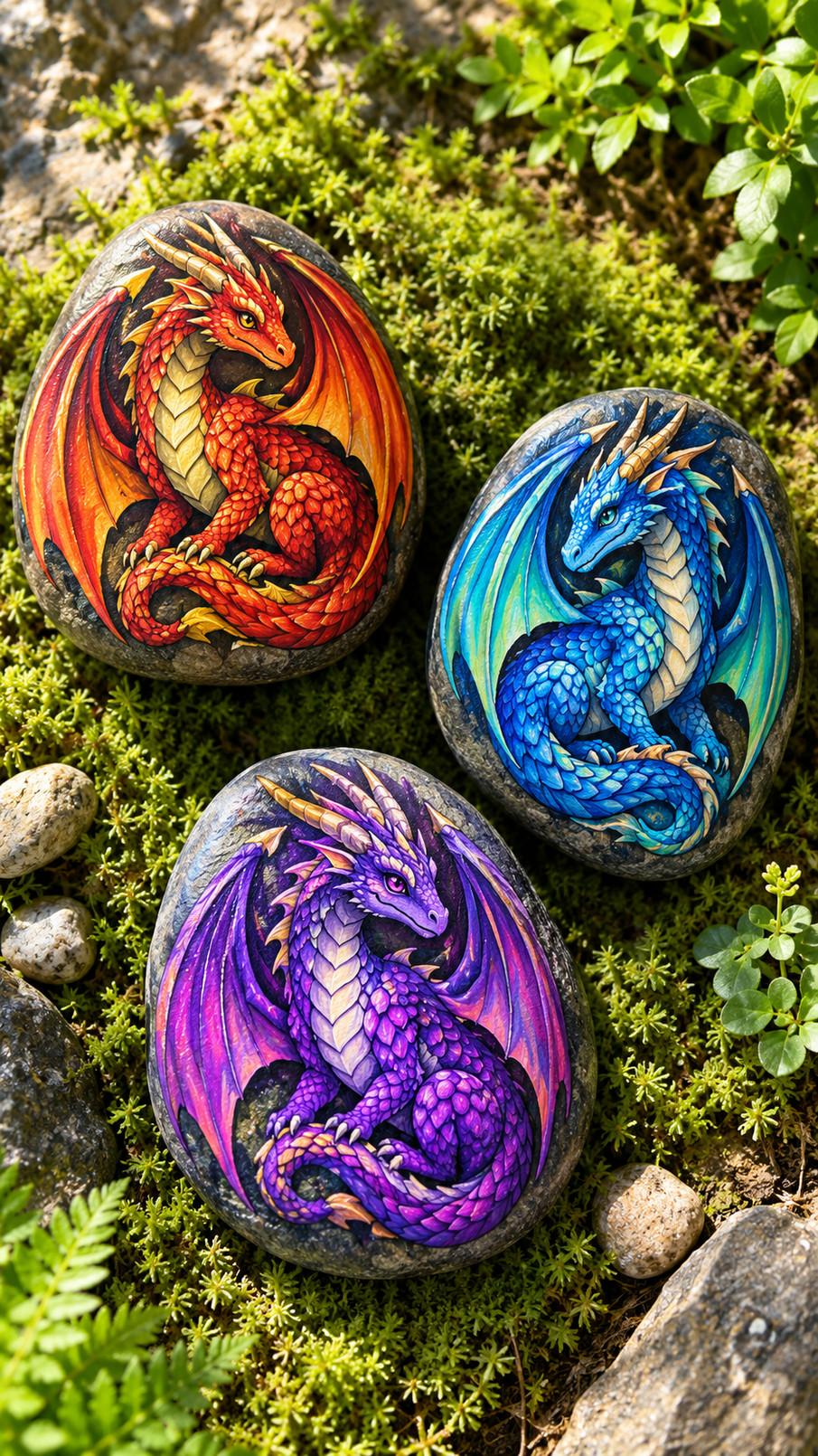 A mossy forest dragon painted rock with green scales, fern details, amber accents, and bronze wings.