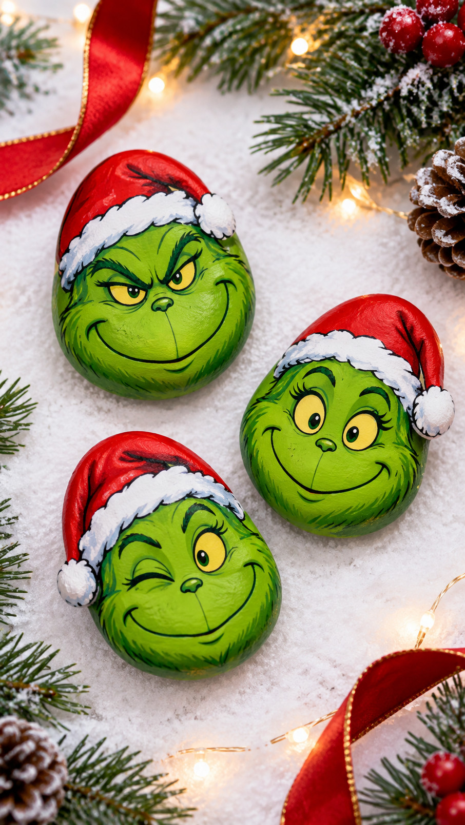 A green Grinch painted rock decorated with red holiday details and snowy white accents in a cheerful ornament-inspired design.