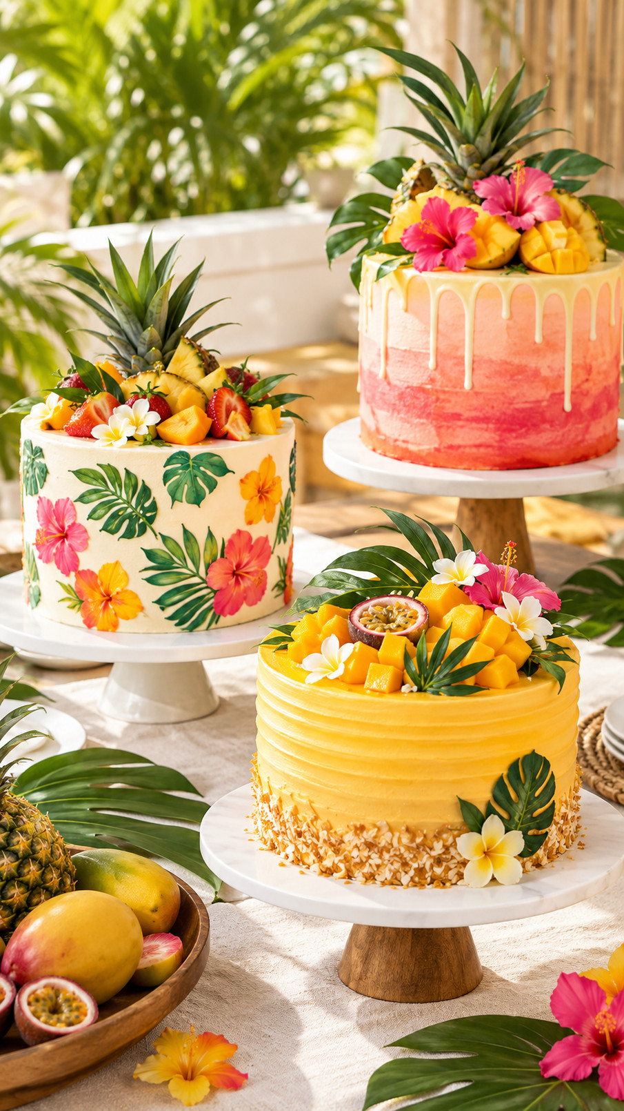 A papaya-orange tropical cake decorated with pink flower petals for a bright summer celebration.