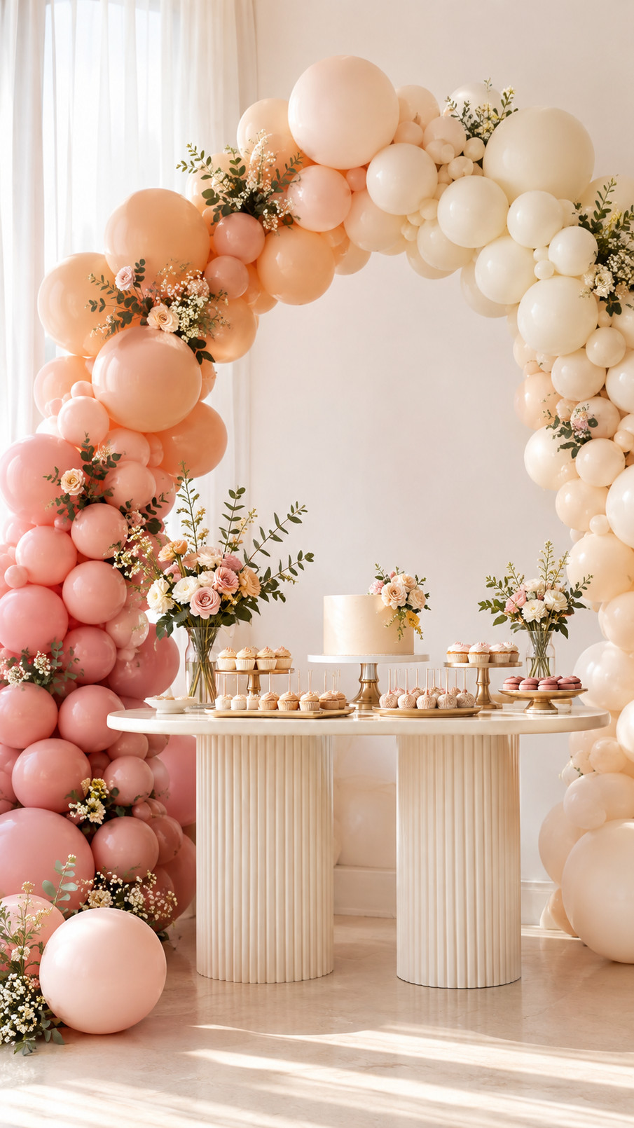 A peach ombre balloon arch with apricot, coral, and blush balloons creating a warm backdrop for a garden celebration.