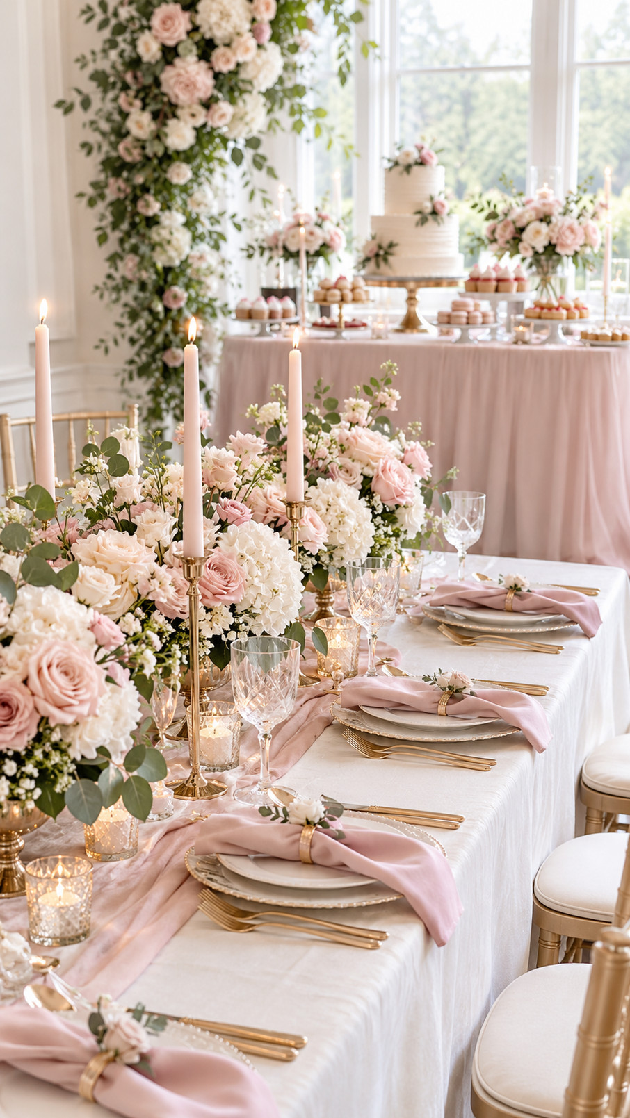 Elegant pearl place settings with ivory accents arranged on a bridal shower table beside blush flowers and creamy linens.