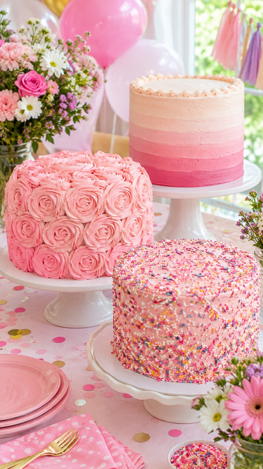 A pink pearl cake with blush frosting, delicate piped details, and edible pearl decorations displayed on a cake stand.