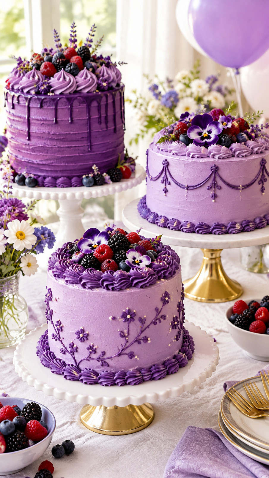 A purple macaron cake with lavender, plum, and violet macarons arranged over smooth buttercream frosting.