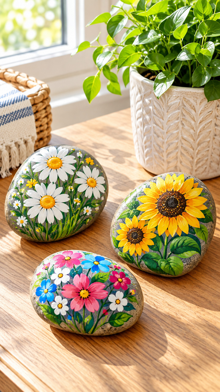 A smooth painted rock decorated with a coral and blush rose petal mosaic design.
