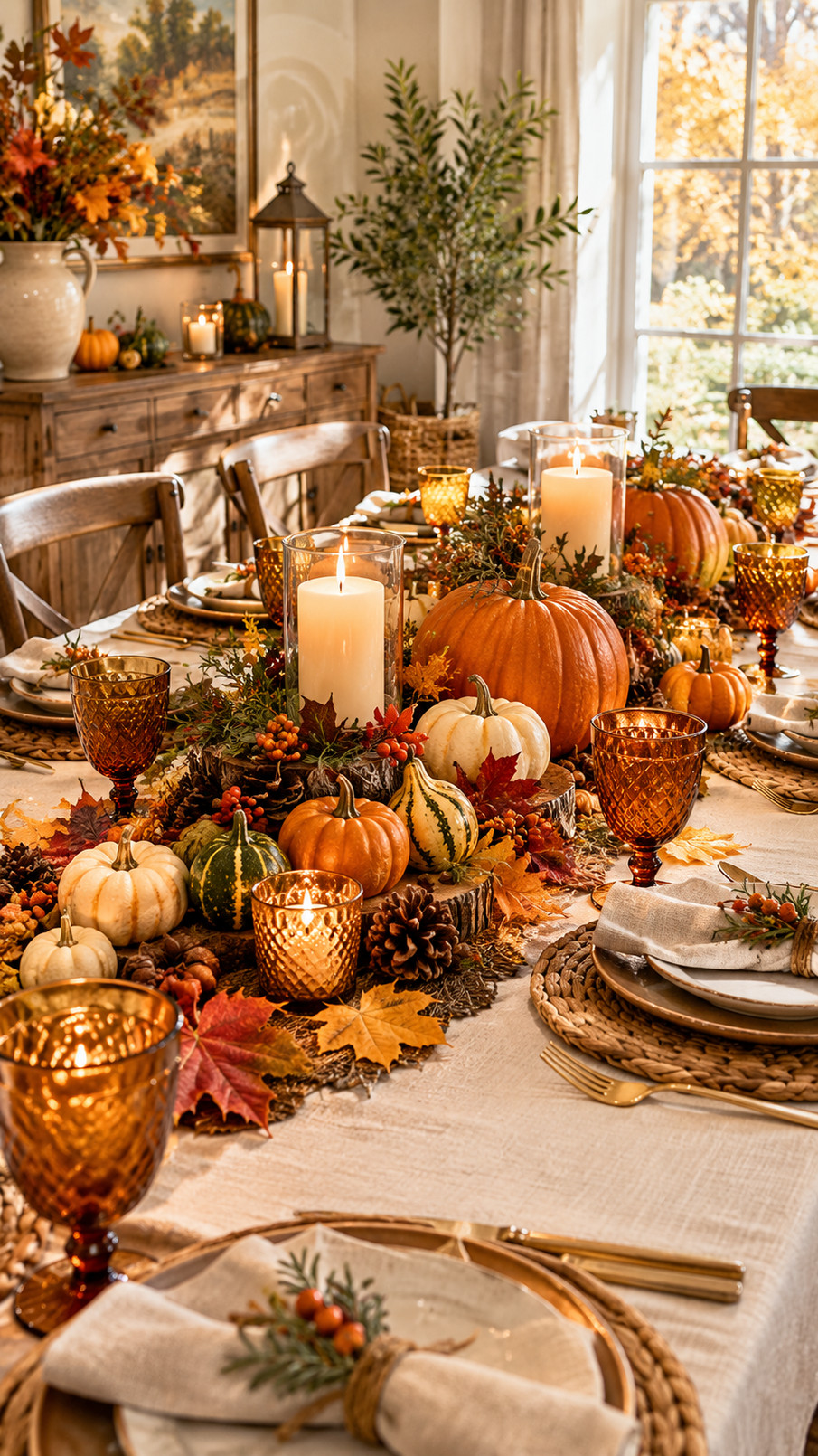 Autumn harvest table featuring rustic pear place settings with green pears, warm linen, and wooden accents.