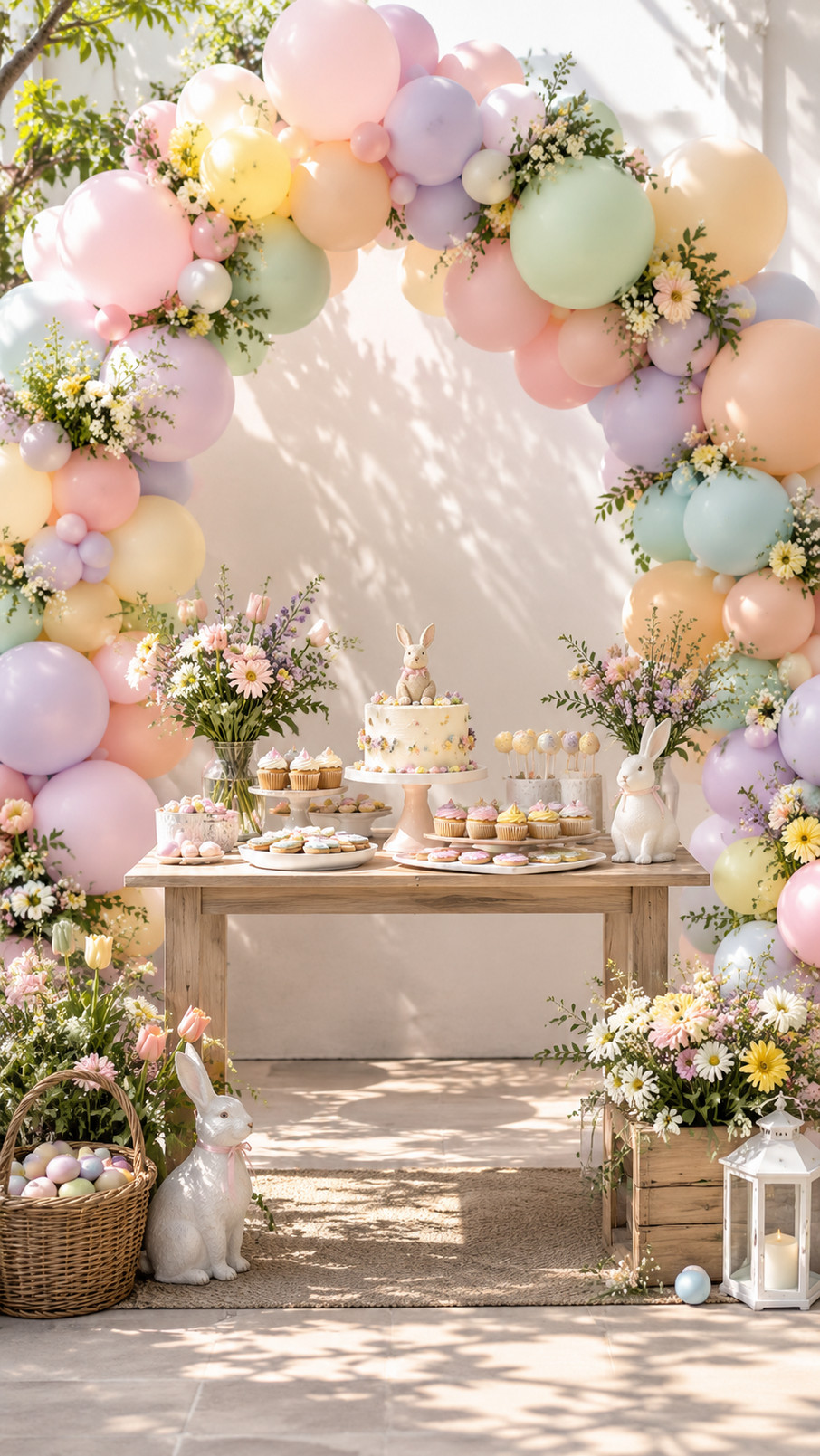 Speckled pastel Easter egg balloon garland in blush pink, mint, butter yellow, and powder blue decorating a spring party backdrop.