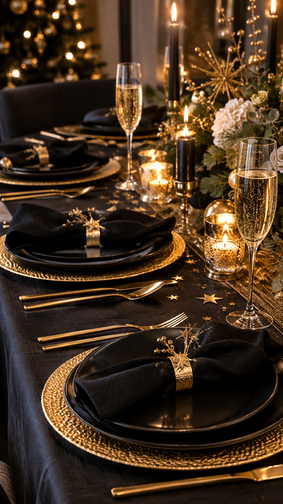 A black and gold New Year’s Eve tablescape with tiny gold star accents, crystal glasses, and warm candlelight.