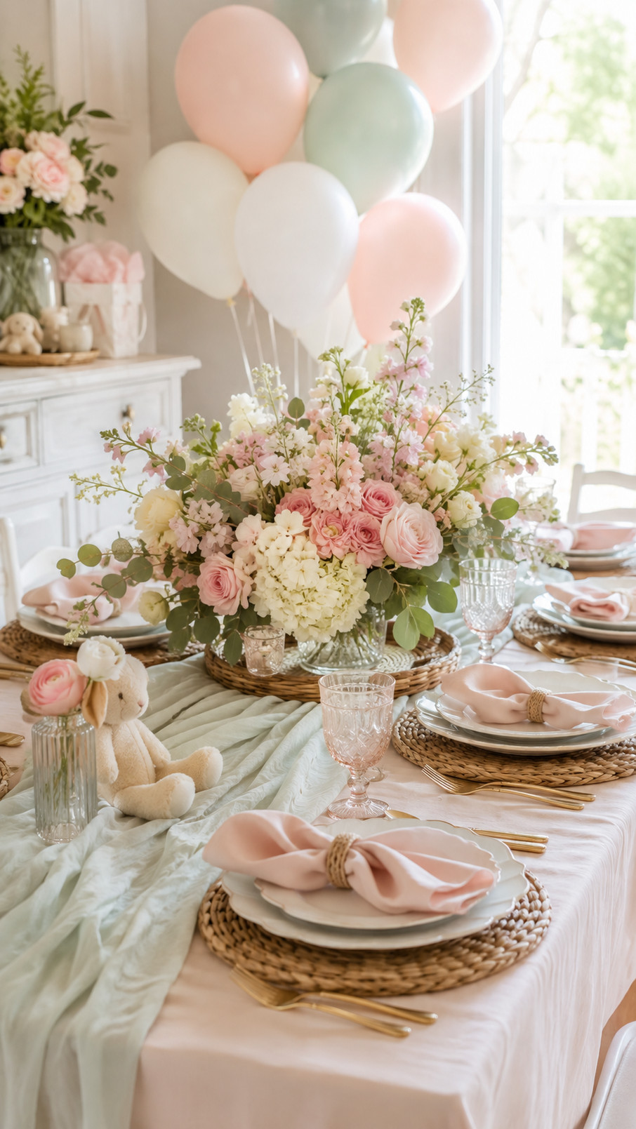 Pastel watercolor menu cards displayed on baby shower table settings with blush, lavender, and mint details.